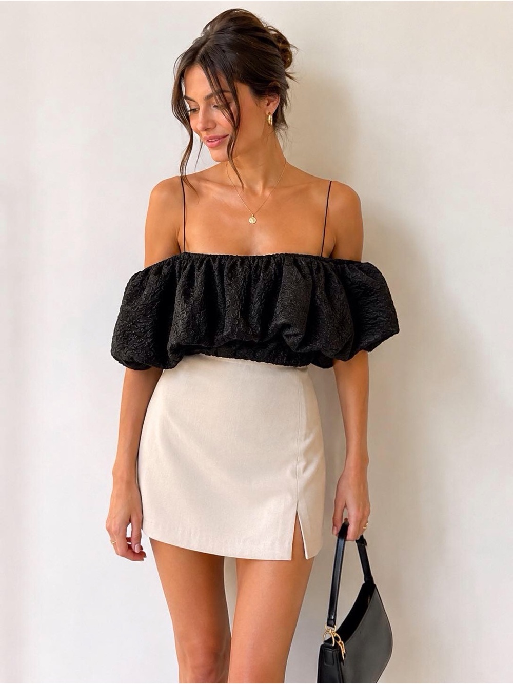 Zara Textured Bubble Hem Off-the-Shoulder Crop Top Black Size XS